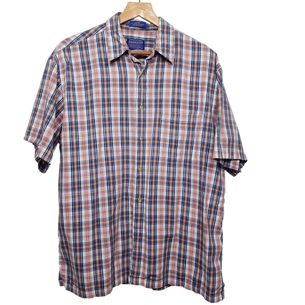 Men's Blue Plaid Short Sleeve Button Up Shirt Size Large